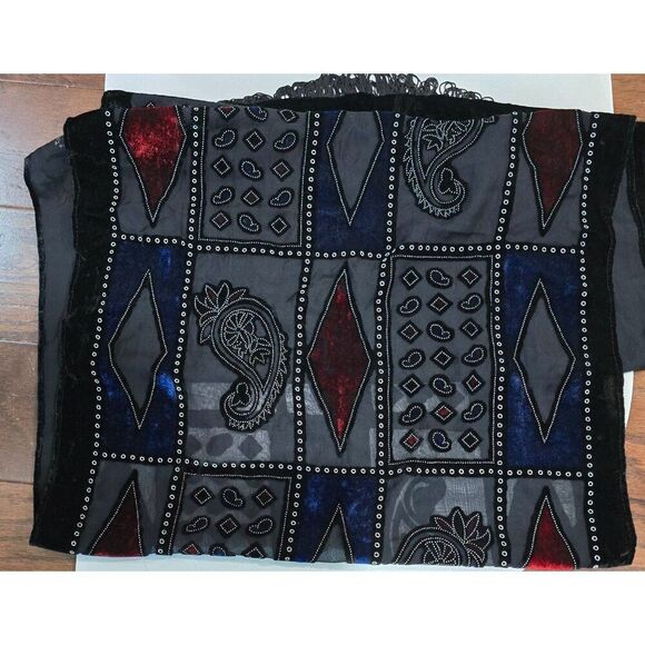Velvet & Sheer Patchwork Paisley Design Shawl With Fringe - Black Red & Blue - Picture 6 of 8